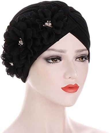 Žene Crne tri cvijeta turbana hat modna muslimanska hidžablja kapice s perlama glava omotača dame bandana - 1 komad by msb boja tkanine 2394 Jedna veličina