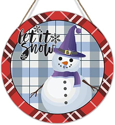 Snjegović božićni prednji vrtni vijenac Plavi ček Pustit je snijeg Wood Wood Art Plaket Red Buffalo Plaid