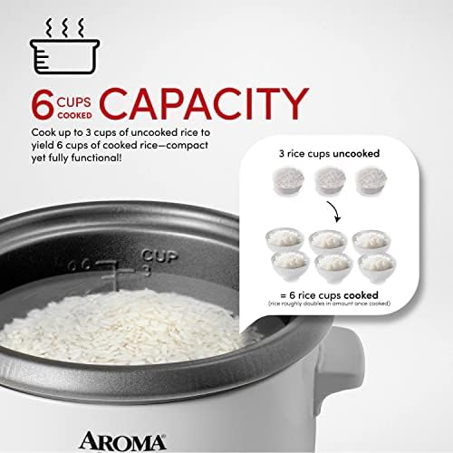 Aroma Housewares Aroma 6-cup 1.5 Qt. Štednjak za pirinač na jedan dodir, bijeli, 6 šolja kuvanog / 3 šolje