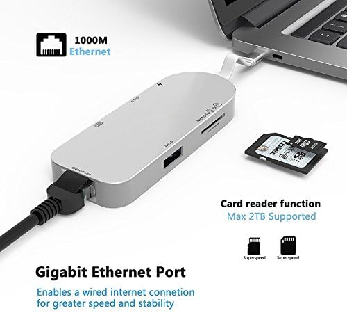 Cllena USB Tip C Hub, 7-u-1 USB C Adapter Tip C 3.1 priključak za punjenje sa 4K HDMI portom, 2 USB 3.0 porta, SD & amp; čitač Micro SD kartica i RJ45 Ethernet za novi MacBook, Google Chromebook