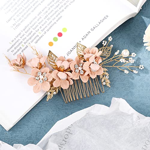 NUOBESTY vjenčanje češalj za kosu, 4kom Bridal kosu strani češalj klipova Rhinestone biser cvijet Headpieces Hair Accessories za svadbene zabave dekoracije žene djevojke Pink