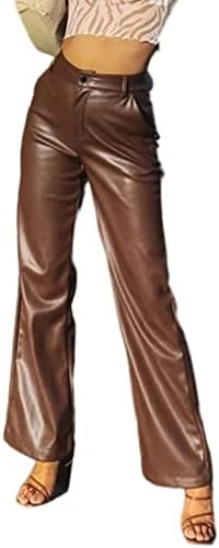 Nommo ženski džep visokog struka ravno široka noga visoko rastezljive pU kožne hlače od kožne izgleda hlače