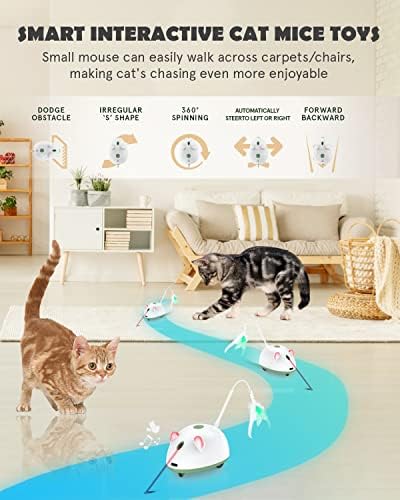 Bumfey 4-u-1 automatske igračke za mačje miševe, interaktivne igračke za mačke za mačke u zatvorenom prostoru, električne igračke za mačke sa perom, LED svjetla, Zvuk ptica, pokretne igračke za mačke Laser, pametne igračke za mačiće za igranje vježbi za kućne ljubimce