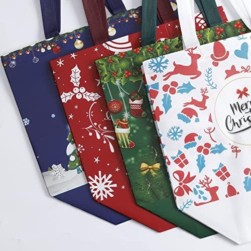 Božićne poklon torbe 16 pakovanja, Božićne torbe srednje veličine praznične poklon torbe sa ručkom, netkane torbe za kupovinu za višekratnu upotrebu za božićne poklone potrepštine za Umatanje poklona otvorene veličine 12.4*9.84*6.69 in