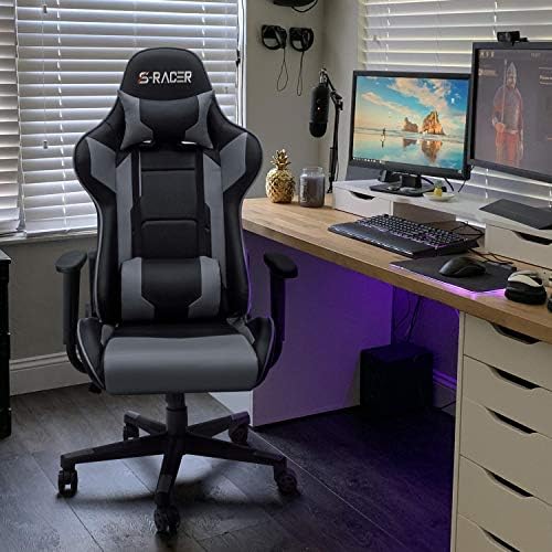 Homall Gaming stolica, kancelarijska stolica kompjuterska stolica sa visokim naslonom PU kožna stolna stolica PC Racing Executive ergonomska Podesiva okretna stolica sa naslonom za glavu i lumbalnom podrškom, siva