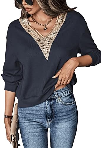 Duks Ženska ležerna kontrastna čipka V izrez dugih rukava Drop na ramenu majica s pulover s pulover s čvrstim