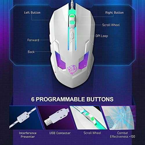 Amzcase žičani miš, RGB optički računarski miš, USB žičani miš sa 6 dugmadi, 7200 DPI podesivi
