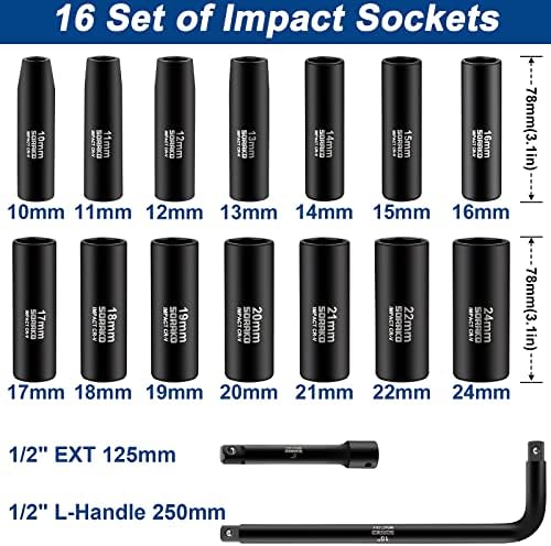 SORAKO 1/2 Impact Socket Set, 16 komad Metric duboko Socket Set uključuju 14 kom velike utičnice i proširenje Bar & amp; L ručka, 6 tačke Cr-V čelika utičnica set sa prenosivim slučaj