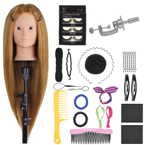 Glava manekena sa 50% prave ljudske kose,24-inčna šminka Kozmetologija Manikin glava sa kosom, pletenica frizerska lutka lutka glava za oblikovanje kose sa stezaljkom za stol + DIY Set za oblikovanje kose