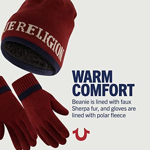 True Religion Beanie Hat and rukavice, Faux Sherpa obložena manžetna zimska pletena kapa s jacquard logotipom i rukom obloženim rukavicama