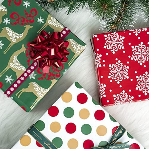 MAYPLUSS Božić pakovanje papir Roll-Mini Roll-17 inča X 120 inča po roll - 3 različite crveno zlato Jelena & pahulje dizajn