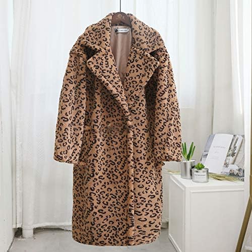 Foviguo Faux fur kaput, odmor dugačak retro ogrtač za žene dugih rukava putni mekani vjetrovitni komfor gust rever leopard