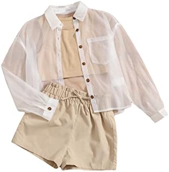 Oyoangle djevojačka odjeća od 3 komada rebrasti pleteni gornji dio rezervoara i šorc za struk sa mrežastom pokrivnom bluzom