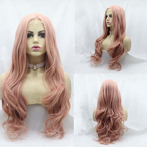 melody wig Pink Synthetic u Lace prednje perike za žene Hair Gold Pink Hair Hairstyle Rose Gold Pastel Pink Wig Girls heat Resistant Fiber Long Wavy Pink Wig srednji deo