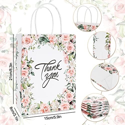 AnyDesign cvjetne zahvalne poklon torbe sa ručkama Pink Thank You Goody Bags bijele Kraft papirne kese za poslastice Party Favor torbe za rođendan vjenčanja Baby Shower Party Favors, 2 dizajna, 16 pakovanja