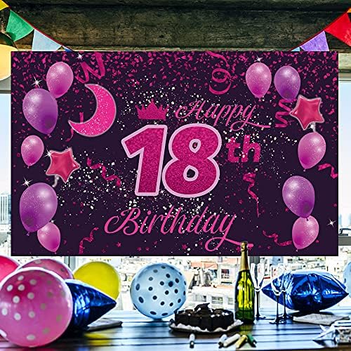 Sweet Happy 18th Birthday Backdrop Banner Poster 18 Birthday Party Decorations 18th birthday party Supplies 18th Photo Background For Girls,Boys,Women,Men - Pink Purple 72.8 x 43.3 Inch