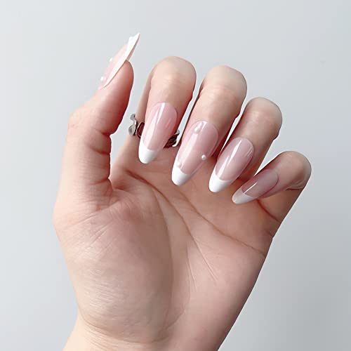Pritisnite na nokte-LADYING bijeli francuski sa biserima dizajn presa na noktima, bademovi lažni nokti srednje dužine sa ljepilom, 12 Veličina-24 komada Nail Art za žene i djevojčice