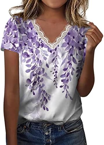 Ljetni vrhovi za žene čipke obloge V-izrez cvjetno tiskane tuničke košulje Flowy T Majica Blusas