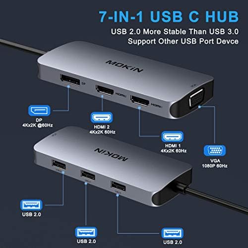 USB C hub, USB C do Dual HDMI Adapter, 7 U 1 USB C priključna stanica na Dual HDMI Hub, USB C Adapter sa Dual HDMI, VGA,3 USB Port, DP Port kompatibilan za Dell XPS,Lenovo Yoga, Huawei Matebook, itd