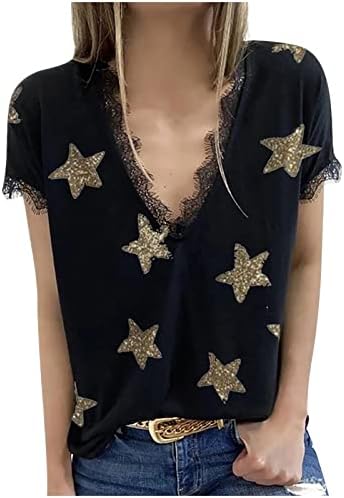 pbnbp ženske zvijezde bluze čipkaste Trim ljeto labave Fit V vrat majice štampane Izlazak kratki rukav Dressy