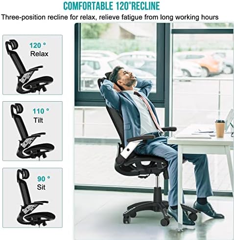 GABRYLLY ergonomska kancelarijska stolica, mrežasta kućna stolica sa visokim naslonom sa lumbalnom podrškom i preklopnim rukama, podesivi naslon za glavu & udobno sjedište, naslon, okretne kompjuterske stolice, Plava