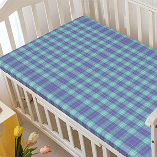 Tartan tematski posteljini, prenosivi mini listovi krevetića Mekani i rastezljivi sastavljeni kreveti za dječje krevetiće za djevojčicu ili dječak, 24 x38, tirkiz i ljubičasta