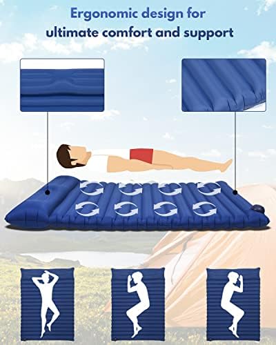 Aukivon dvostruka ploča za spavanje pune veličine za spavanje za spavanje za kampiranje ugrađenom prostirku za spavanje s ugrađenim jastukom i nožnom pumpom, samostalno napuhavanje kampova 2 osobe, 77''x55 '', plava