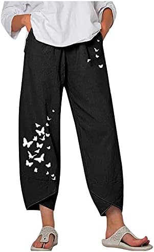 Capri pantalone za žene pamučne posteljine široke noge Capris ljetni leptir cvjetni print plažu elastični