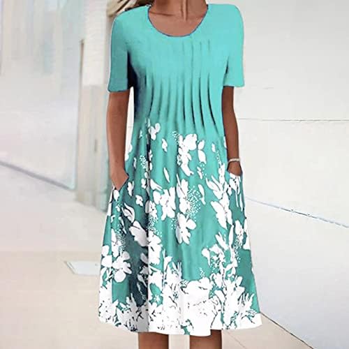 Ženske ležerne ljetne haljine plus veličina kratkih rukava s kratkim rukavima s džepovima Shirred cvjetni print
