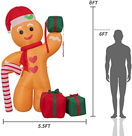 Peyton 8ft Gingerbread Man sa šećernom trskom i tri poklon kutije,LED osvijetljena Božićna dekoracija u zatvorenom i na otvorenom.