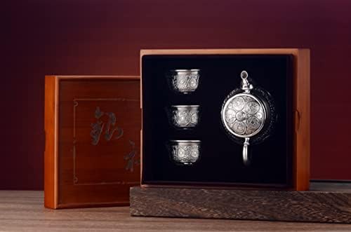 Gohq kineski gongfu čaj, 4 kom 999 Sterling Silver Handmade Vintage Kung Fu Tea setovi za odrasle, prijenosni azijski tem za čaj dolaze s 1 čajnicama 3 male teacups
