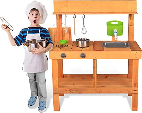 Drvena kuhinja, kuhinjski pribor i sudoper za baštu, dvorište za pretvaranje u igru za malu djecu, Dječija
