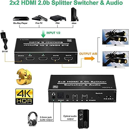 3D 4K 60Hz HDMI prekidač, 2 ulaza 2 izlaza Splittert s IR daljinskim upravljačima HDCP2.2 Ultra
