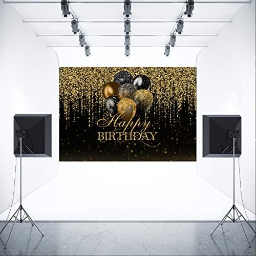 Aperturee 7x5ft Happy Birthday Backdrop Glitter crno-zlatni Bokeh baloni Golden Sparkle Sequin