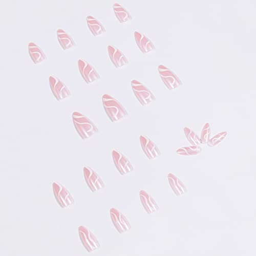 VEEJION 24kom Pink badem Press na noktima srednje dužine bijela pruga lažni nokti sjajni full Cover Stick na noktima za žene i djevojke