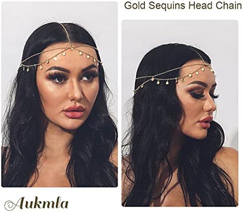Aukmla Gold Sequins Head Chain Jewelry Festival Halloween Prom Costume Hair Accessories Fashion Headband