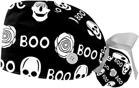 2 komada lubanja crno-bijela cool bouffant kapa s tipkom za gumb Ponytail Torbica, podesivi uniseks kirurški šešir