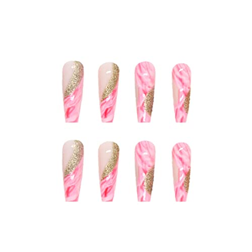 YoYoee Coffin Press na noktima dugi lažni nokti akrilni sjajni lažni nokti puni poklopac ružičasti nokti mramorni nokti Savjeti za žene i djevojke 24kom