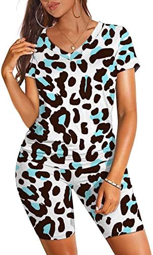 Balakie Dvije komadne odjeće za žene maskirne leopard kratki rukav V izrez biciklističke kratke hlače postavi bodycon kratke hlače za vježbanje