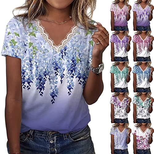 Uqrzau ženske majice casual labave košulje V izrez kratki rukav cvijet od čipke čipke The majice
