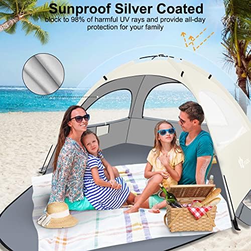Yitgog šator za sunčanje za 3-4 osobe, lagani šator za plažu sa UV zaštitom, 3 mrežasti Roll up prozori & 8.0 mm Fiberglass, Easy Assemble