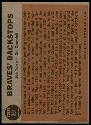 1962 TOPPS # 351 Braves 'Backstops Joe Torre / Del Crandall Milwaukee Braves Dean's Cards 5 - Ex Hraves