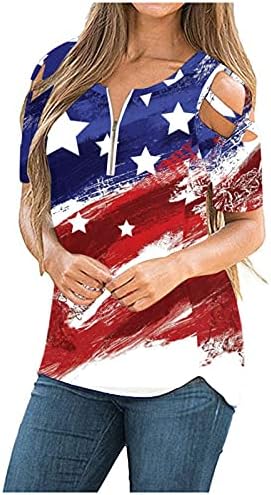 Američka zastava majica za žene Seksi zip V izreznice šuplje kratkih rukava TEE 2023 modne bluze