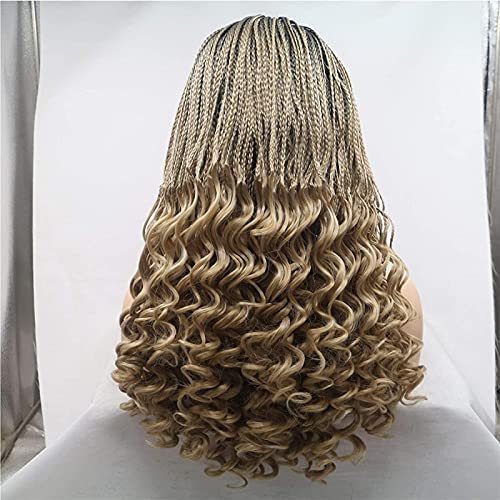 PHONME Wigs perika za kosu Zlatna kovrčava nagovještaj čipkasta perika, plava kosa i crni korijen kovrčava