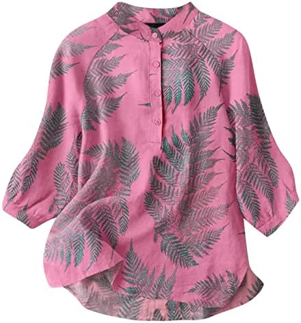 Ženski Sakrij Stomak Pamučni Laneni Vrhovi Print Henley Shirts 3/4 Rukavi Udobna Majica Ljetne Casual Bluze