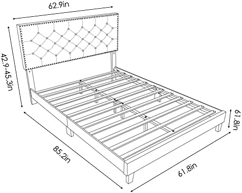 HOSTACK Queen size bed Frame, Moderan tapacirani platformski krevet sa podesivim uzglavljem, Čupavi okvir kreveta za teške uslove rada sa drvenim letvicama, jednostavna montaža, nije potrebna opruga
