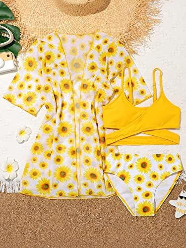Oyoangle Djevojački 3-dijelni kupaći kostim sa suncokretovim printom Criss Cross bikini kupaći kostim sa navlakom