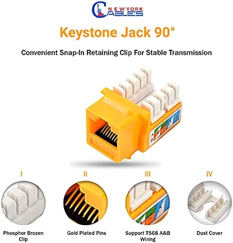 Newyork kablovi 90 stupnjeva Punchdown Keystone Jack | CAT5E / CAT6 kompatibilan | Keystones za patch panele | Mrežna spojnica CAT 6 | Ethernet Wall Jack | Pakovanje od 10, pola bijele i žute boje