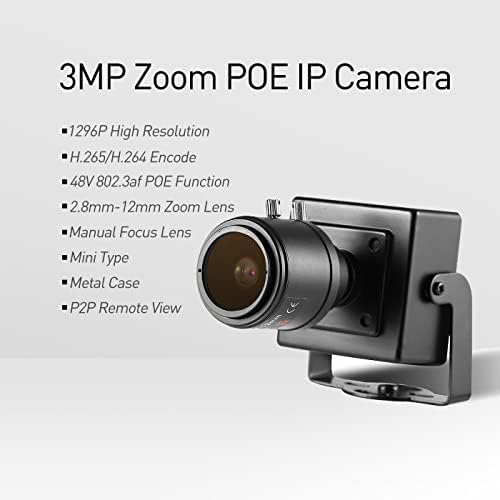 Revotech Zoom Mini Poe IP kamera, HD 3MP zatvorena sigurnosna kamera 2,8-12mm Ručni zum objektiv