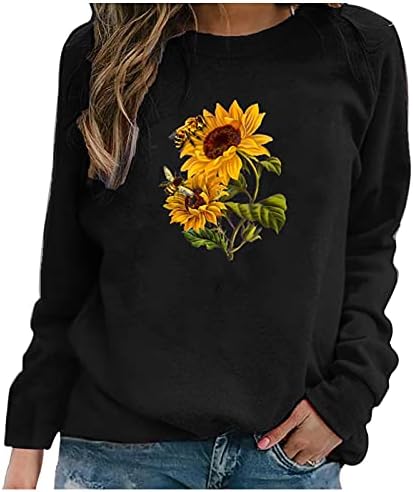 Iqka ženska dukserica s dugim rukavima za vrat sa suncokretovim pismom grafička košulja lagana pulover